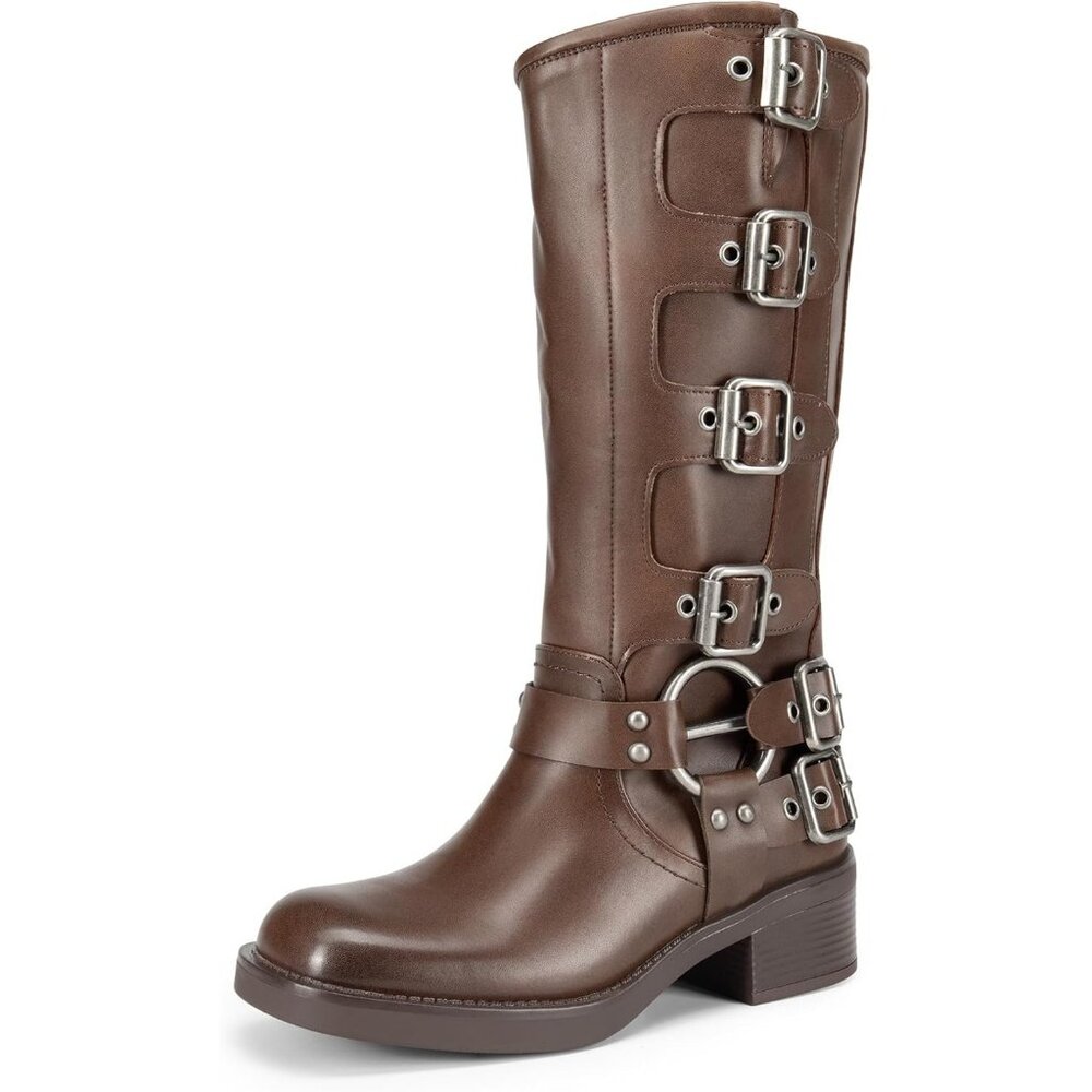 ⚡Women's Tan Polyurethane Knee High Riding Side Zipper Chunky Heel Boots - Picture 1 of 7